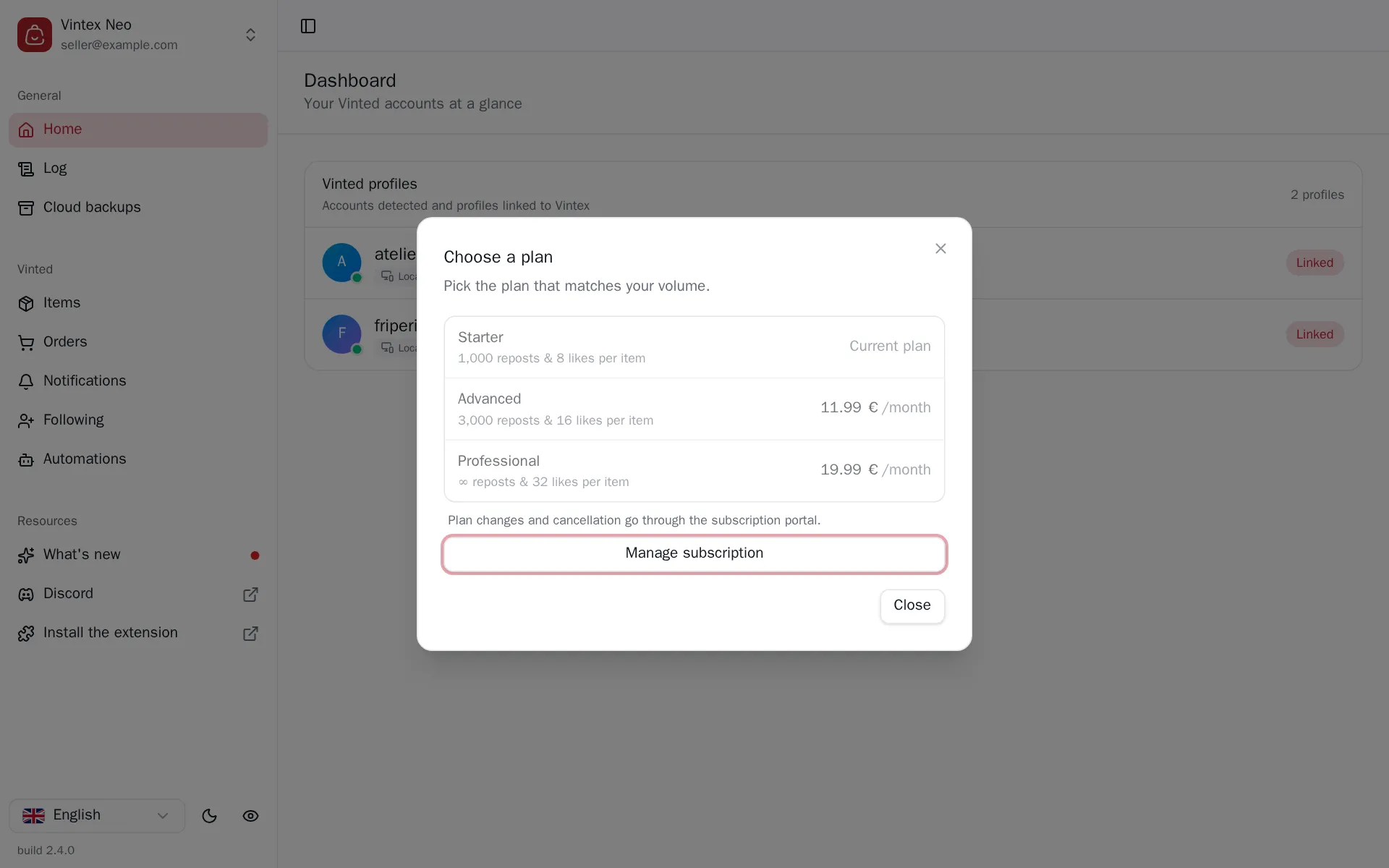Subscription plans dialog