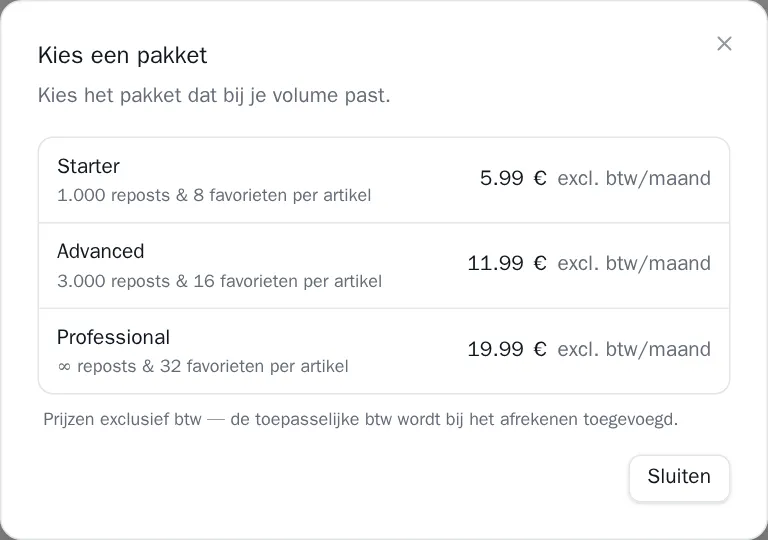 Dialoogvenster met abonnementspakketten