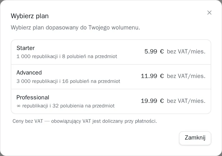 Okno planów subskrypcji