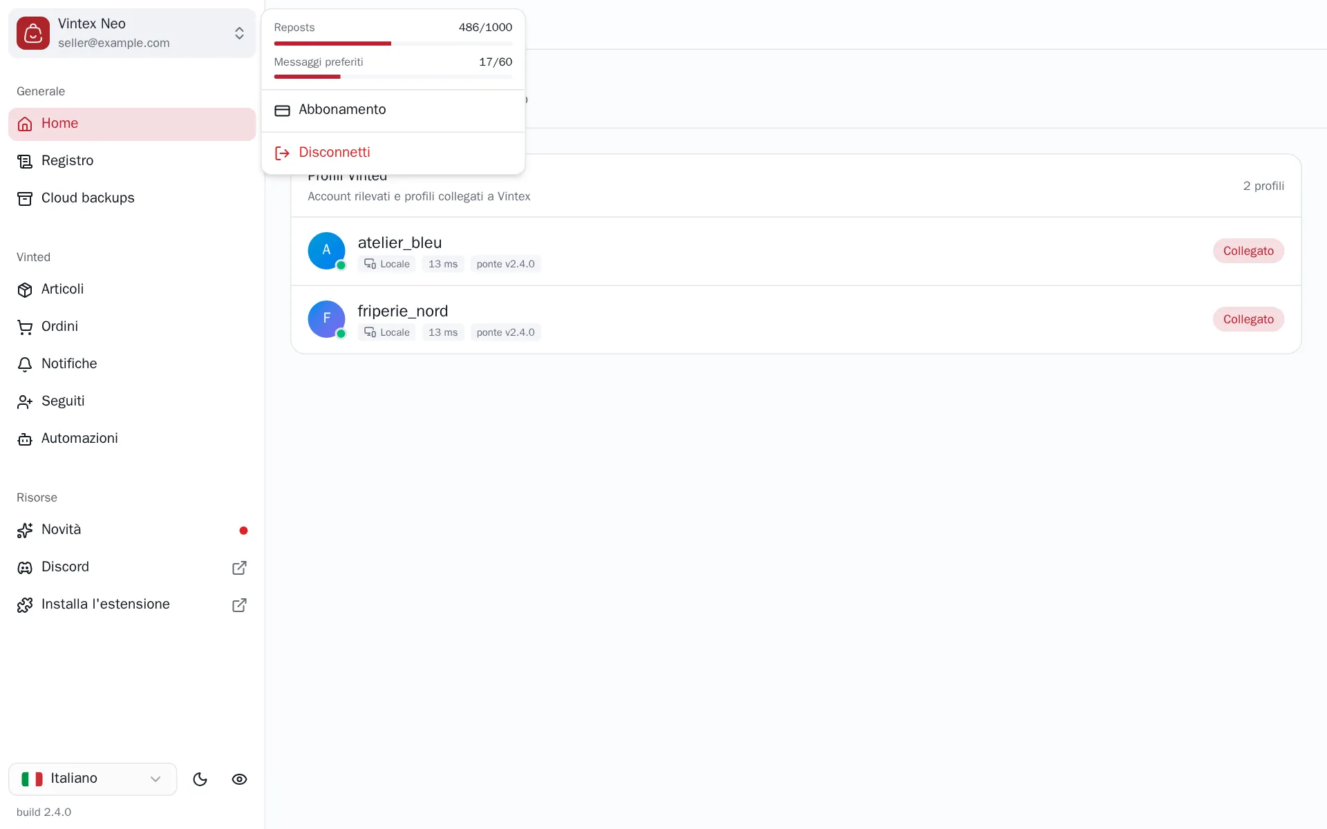 Blocco account aperto, con i due indicatori di quota