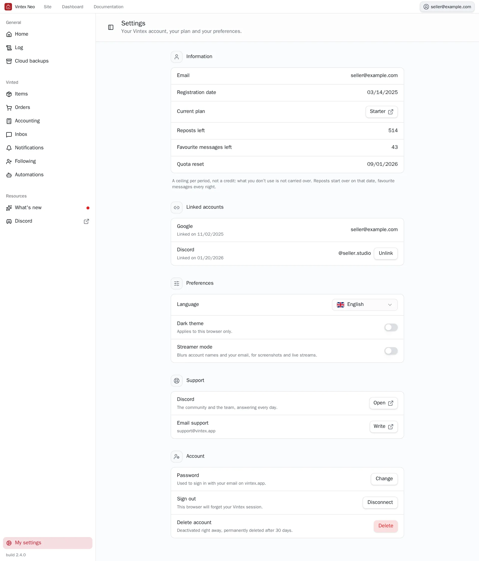 Settings page of the Vintex dashboard