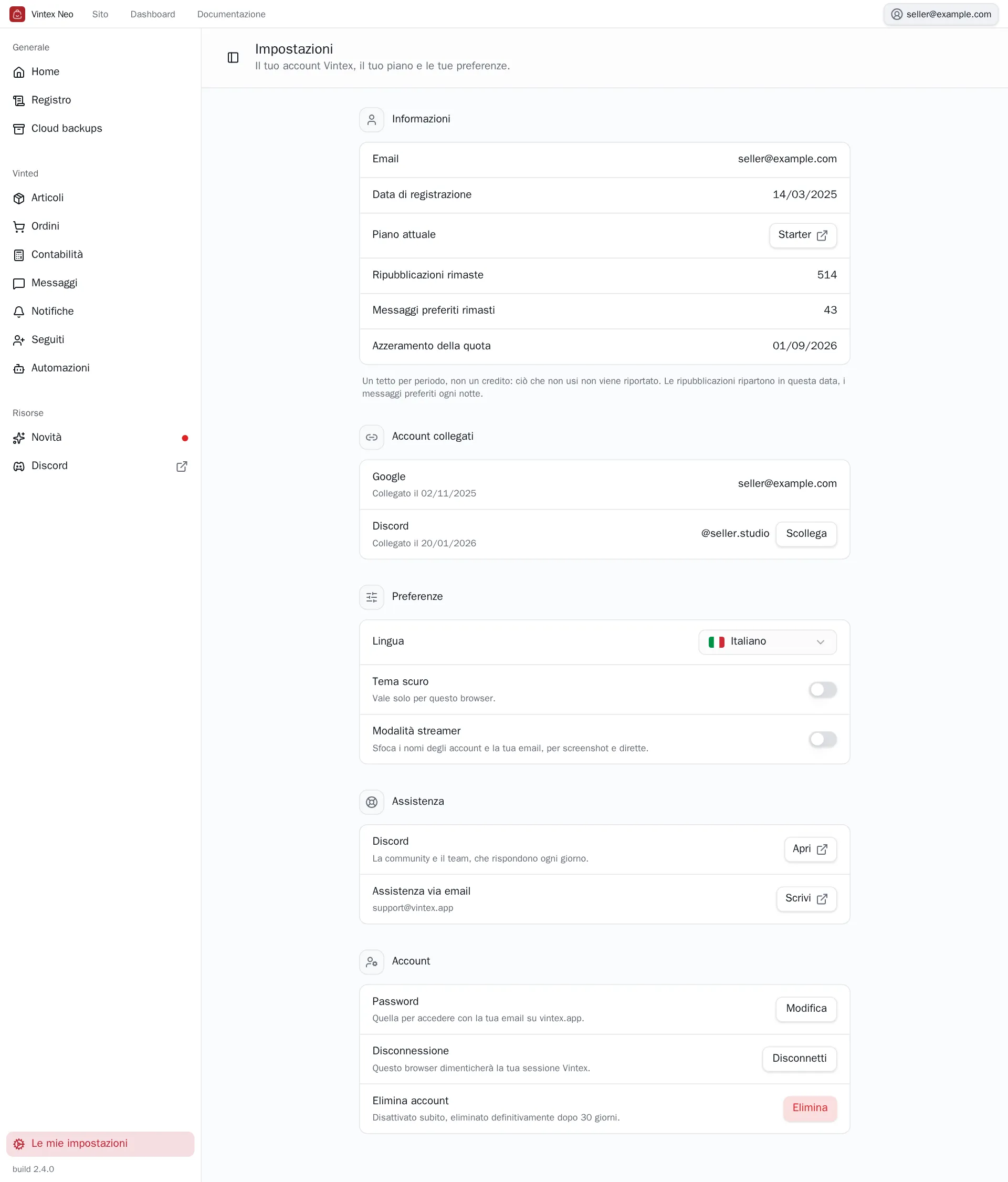 Pagina Impostazioni della dashboard Vintex
