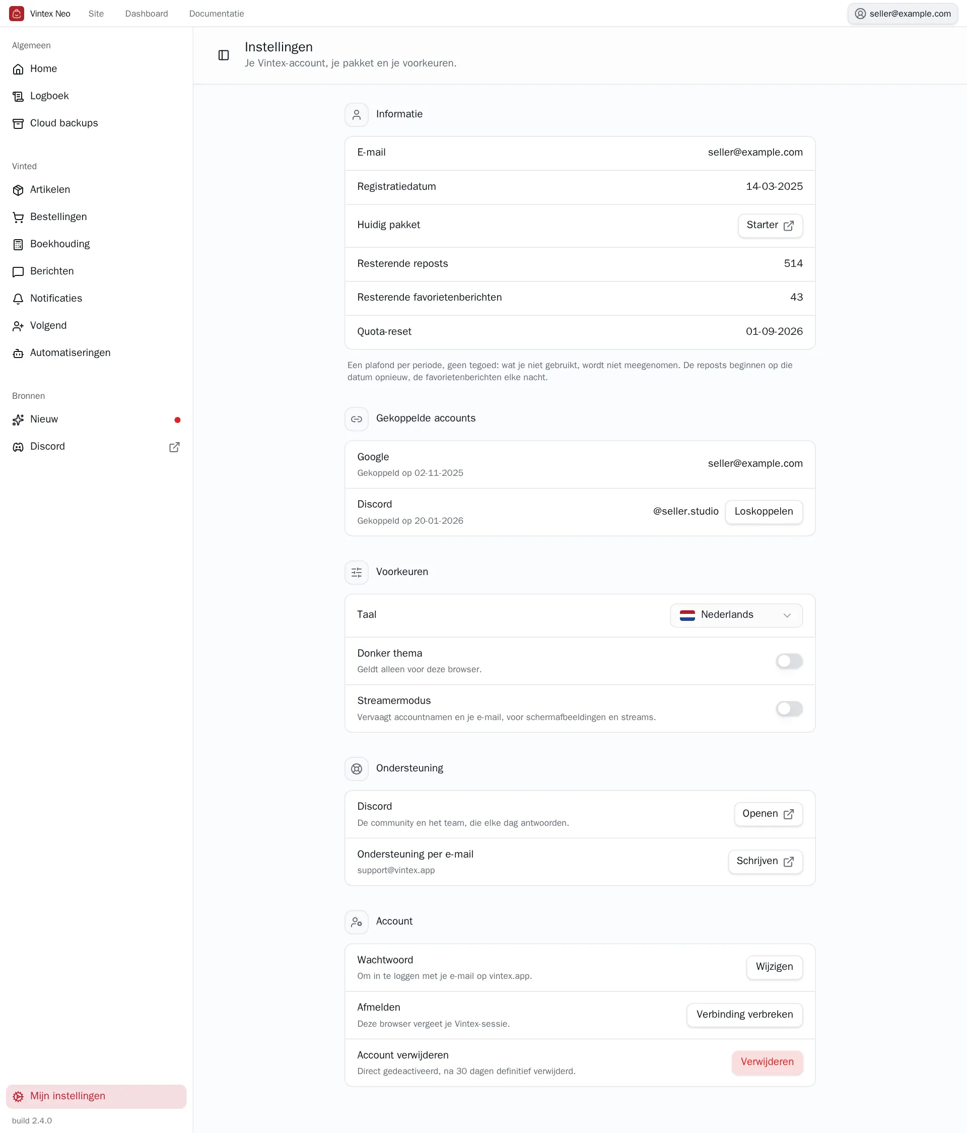 Pagina Instellingen van het Vintex-dashboard