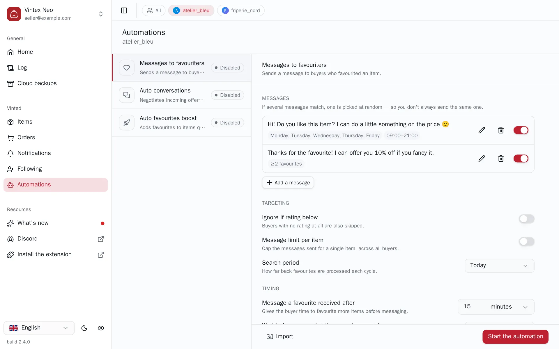Messages to favouriters configuration