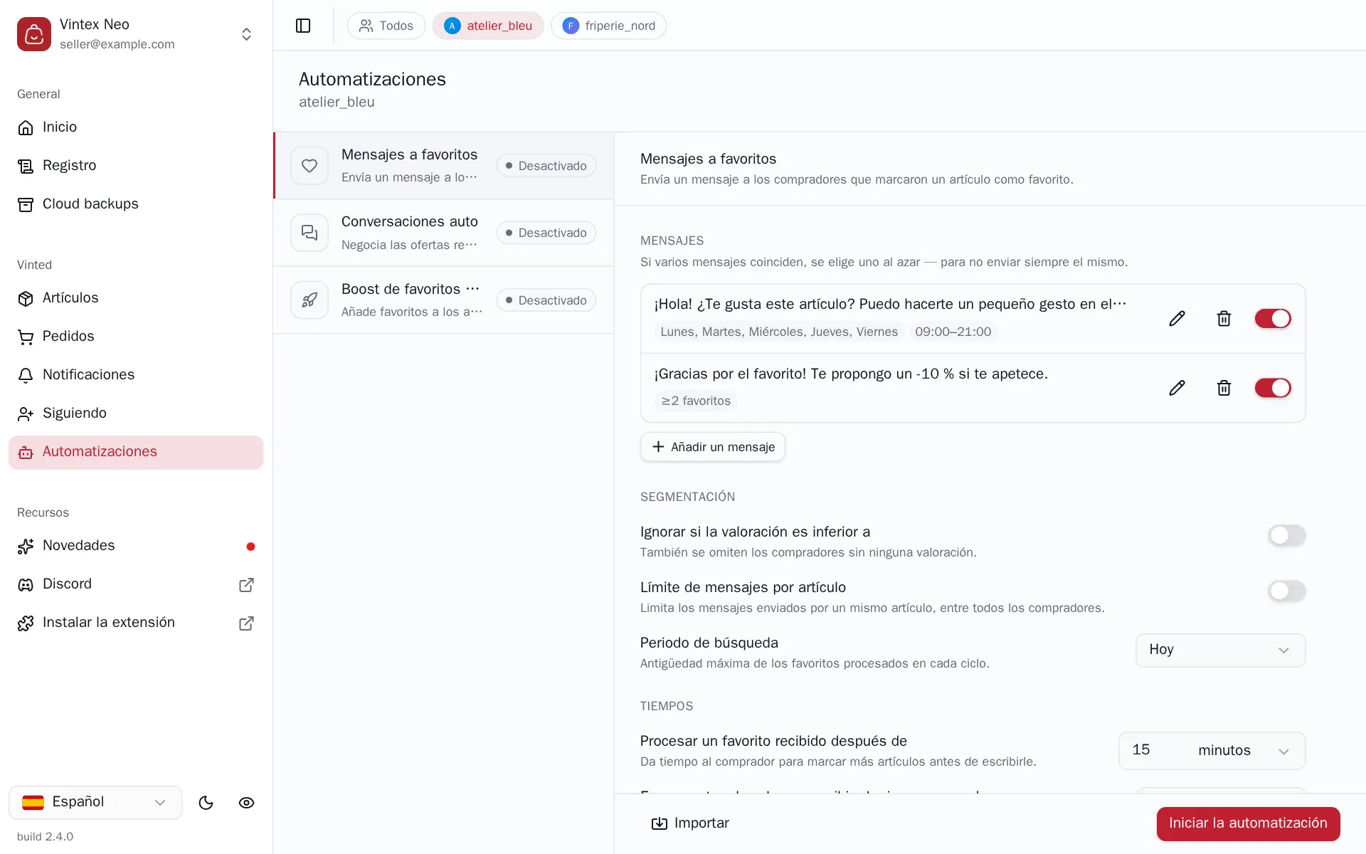 Configuración de Mensajes a favoritos