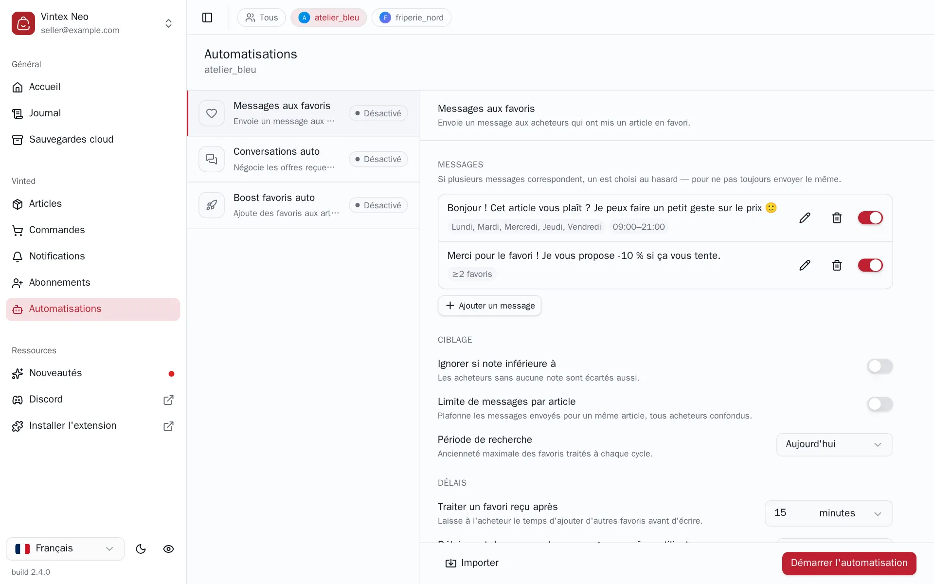 Configuration de l'automatisation Messages aux favoris