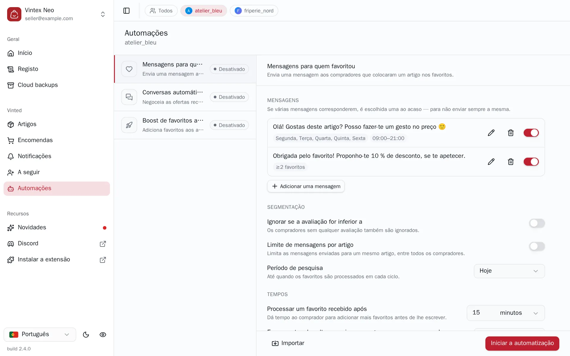 Configuração das mensagens para quem favoritou