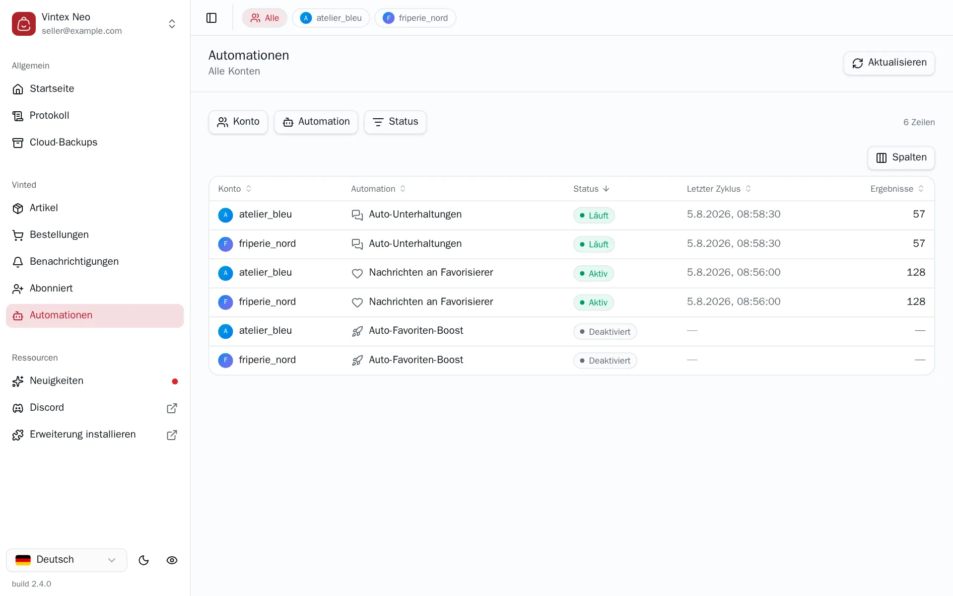 Automationstabelle, eine Zeile pro Konto und Automation