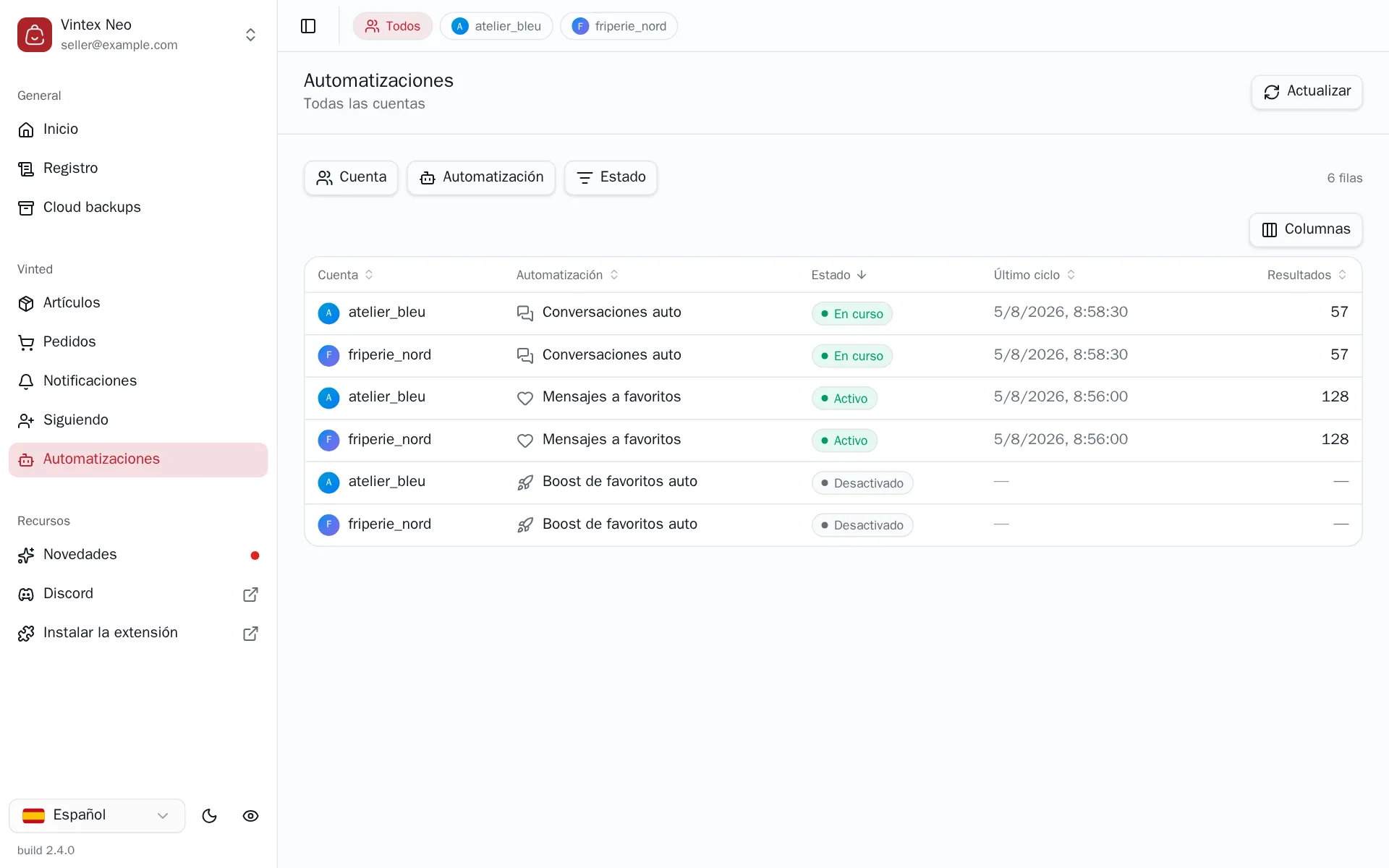 Tabla de automatizaciones, una fila por cuenta y automatización