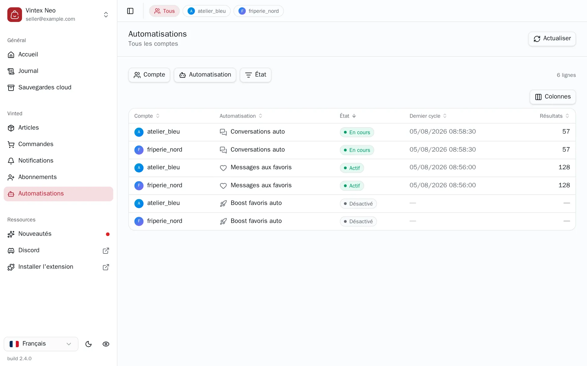 Tableau des automatisations, une ligne par compte et par automatisation