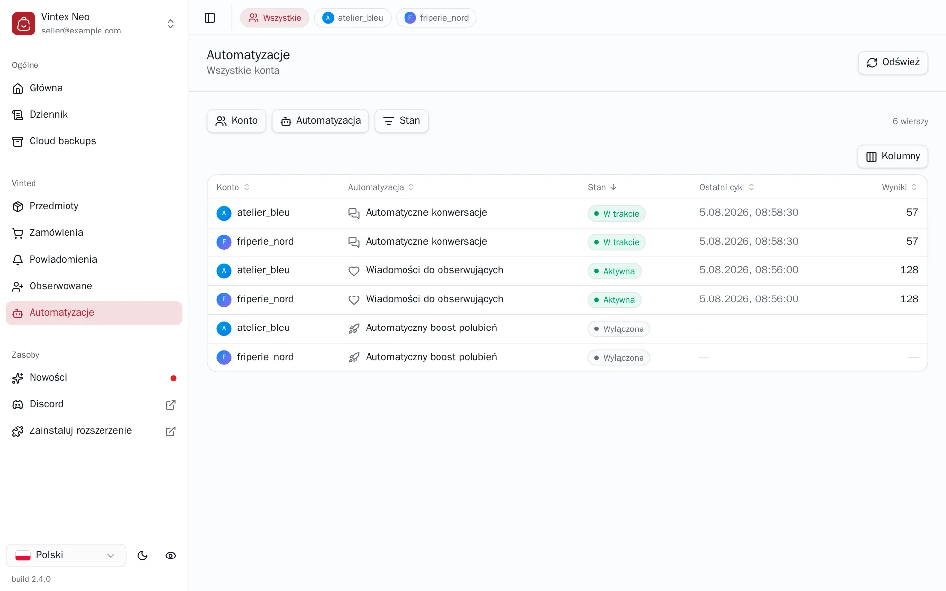 Tabela automatyzacji, jeden wiersz na konto i automatyzację