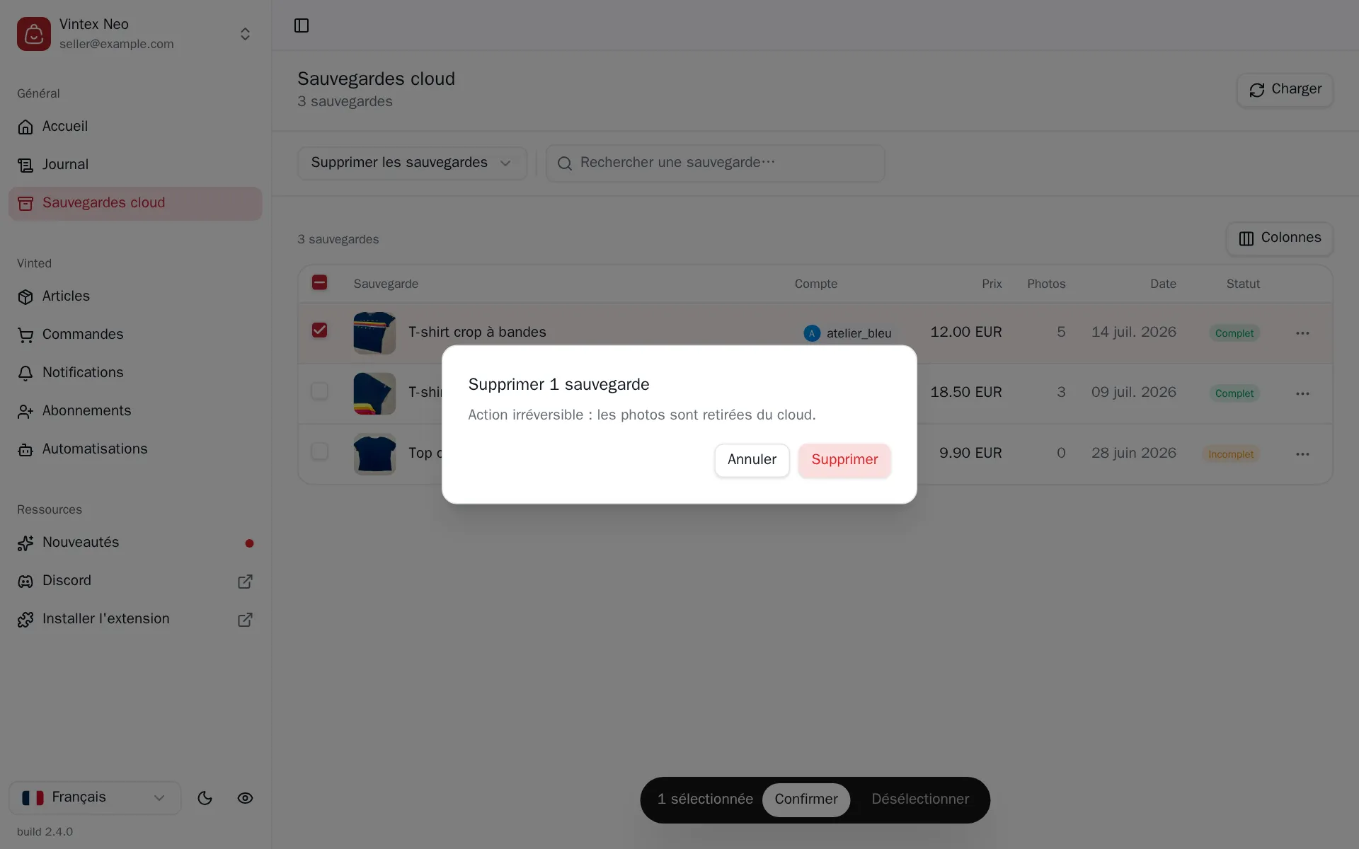 Confirmation de suppression d'une sauvegarde