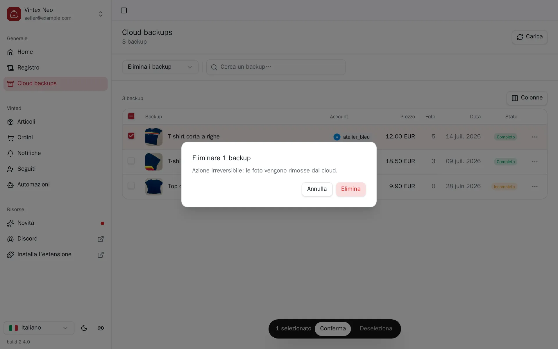 Conferma di eliminazione di un backup