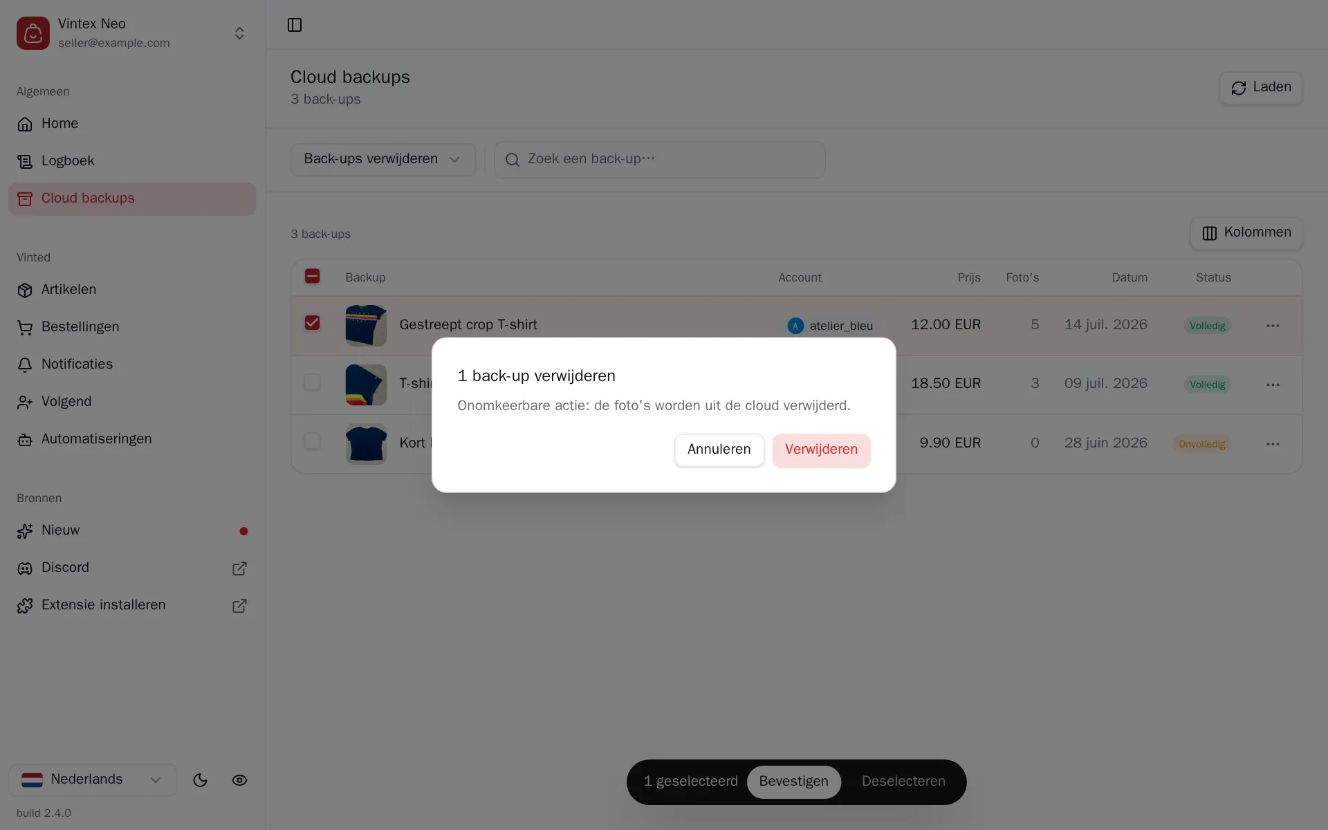 Bevestiging van het verwijderen van een back-up