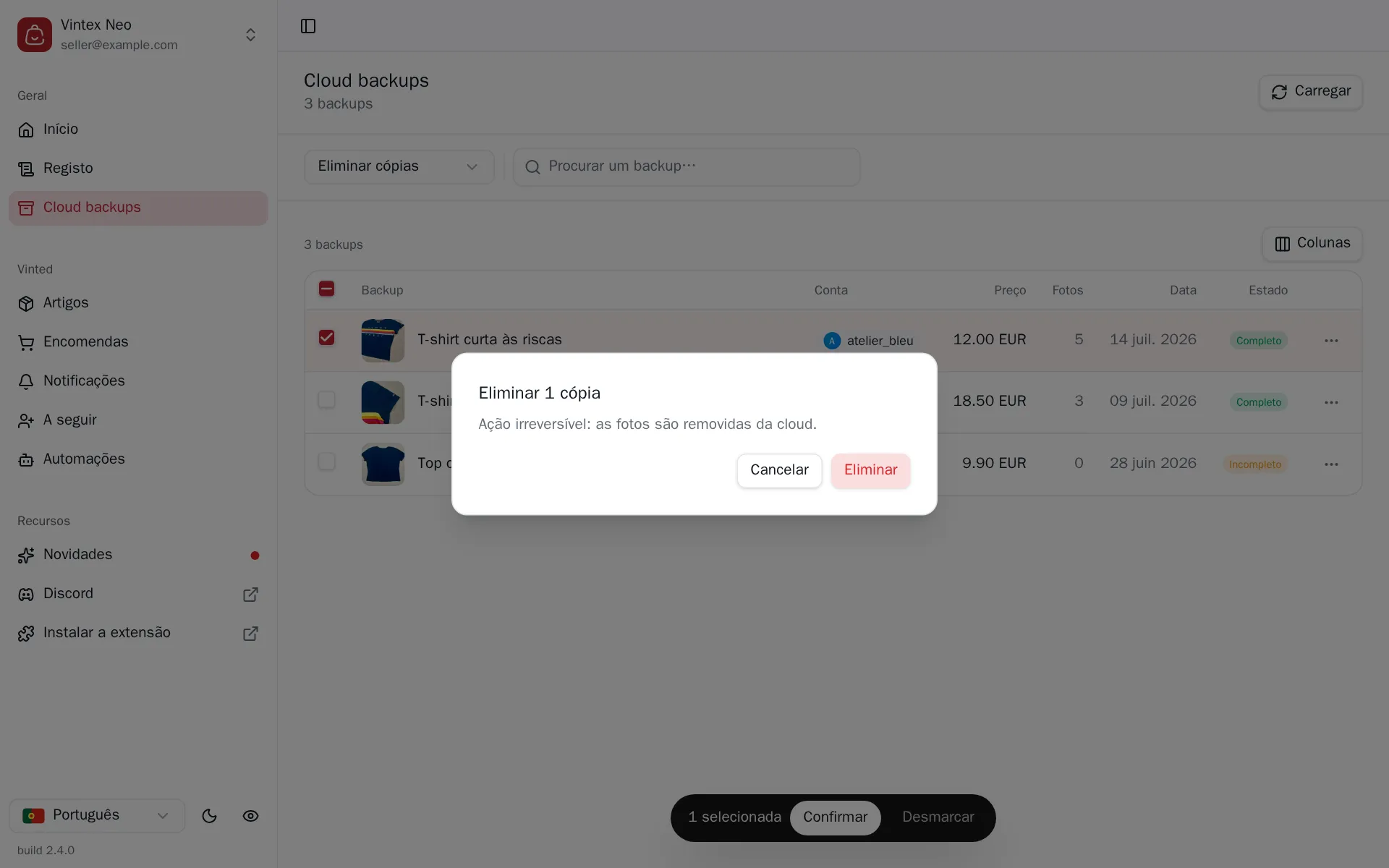 Confirmação de eliminação de um backup