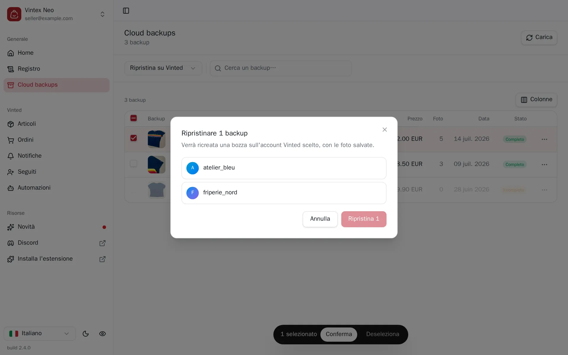 Dialogo di ripristino di un backup