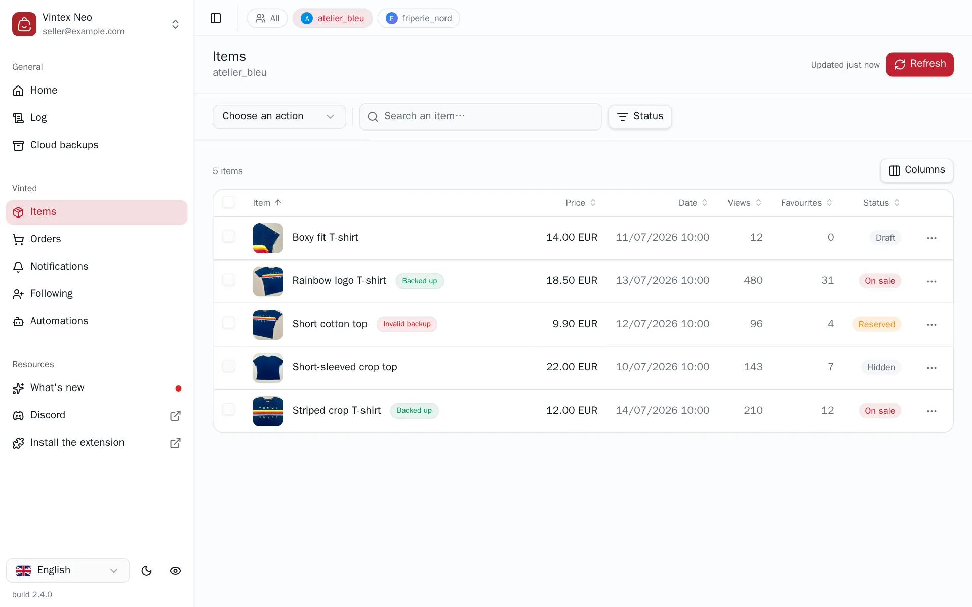 Wardrobe items table with their status