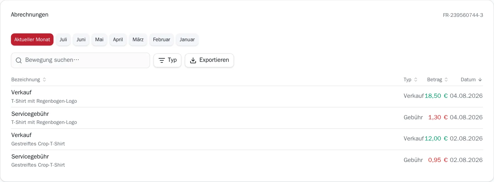Die Karte Abrechnungen mit ihrer Suche, dem Filter Typ und der Schaltfläche Exportieren