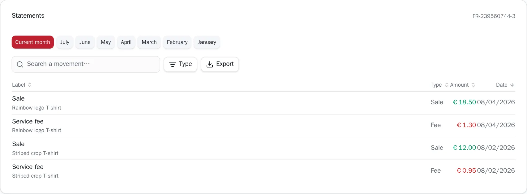 The statements card with its search, Type filter and Export button