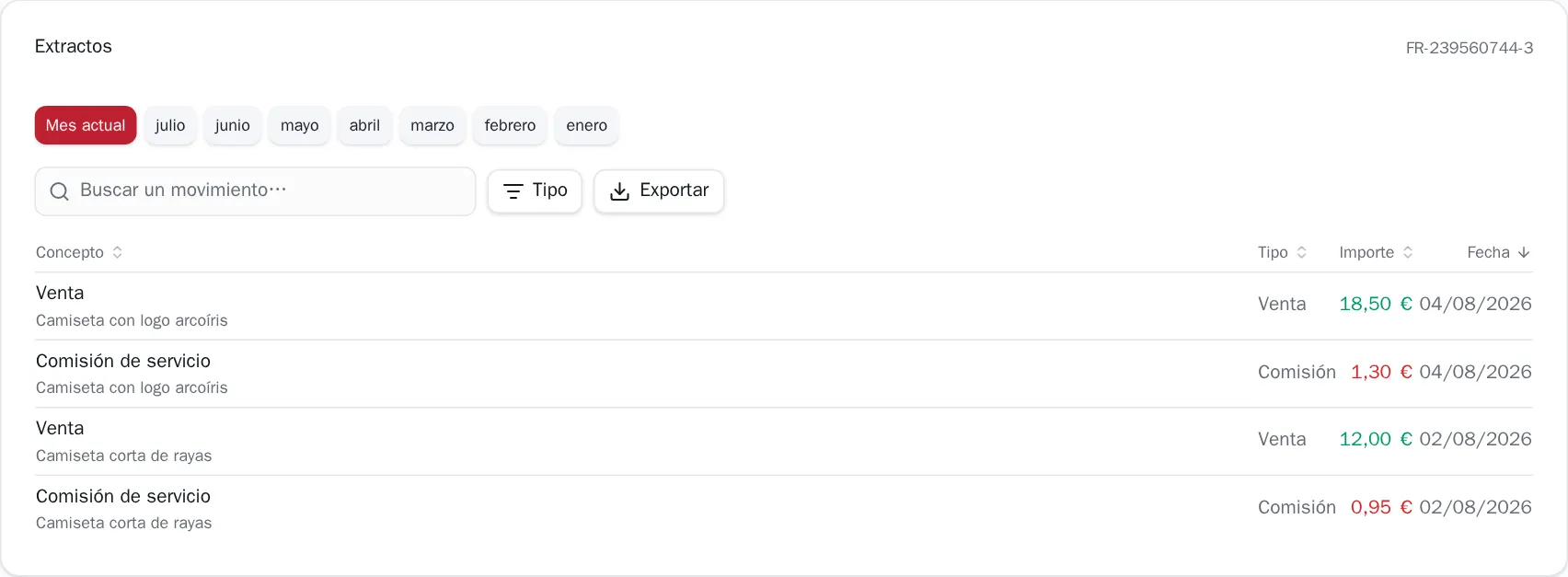 La tarjeta Extractos con su búsqueda, su filtro Tipo y su botón Exportar