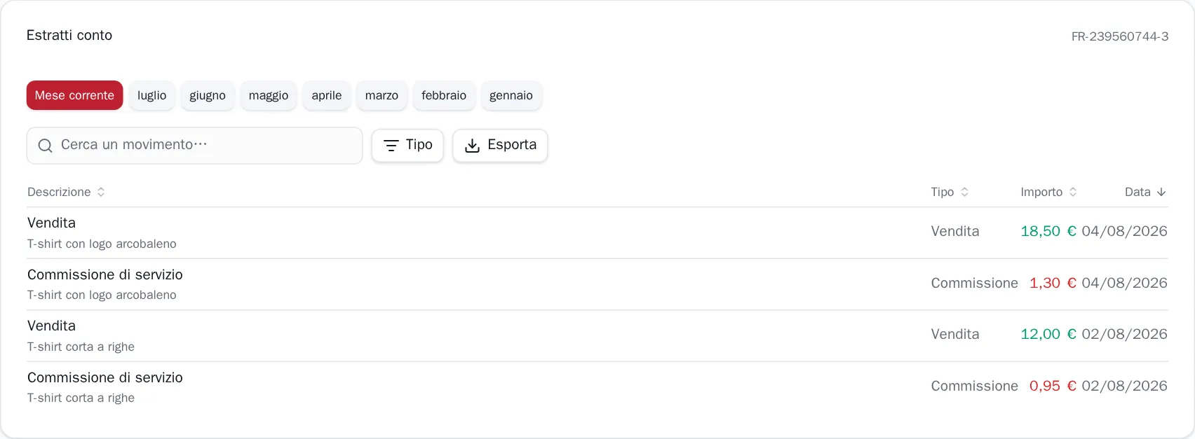 La scheda Estratti conto con la sua ricerca, il filtro Tipo e il pulsante Esporta