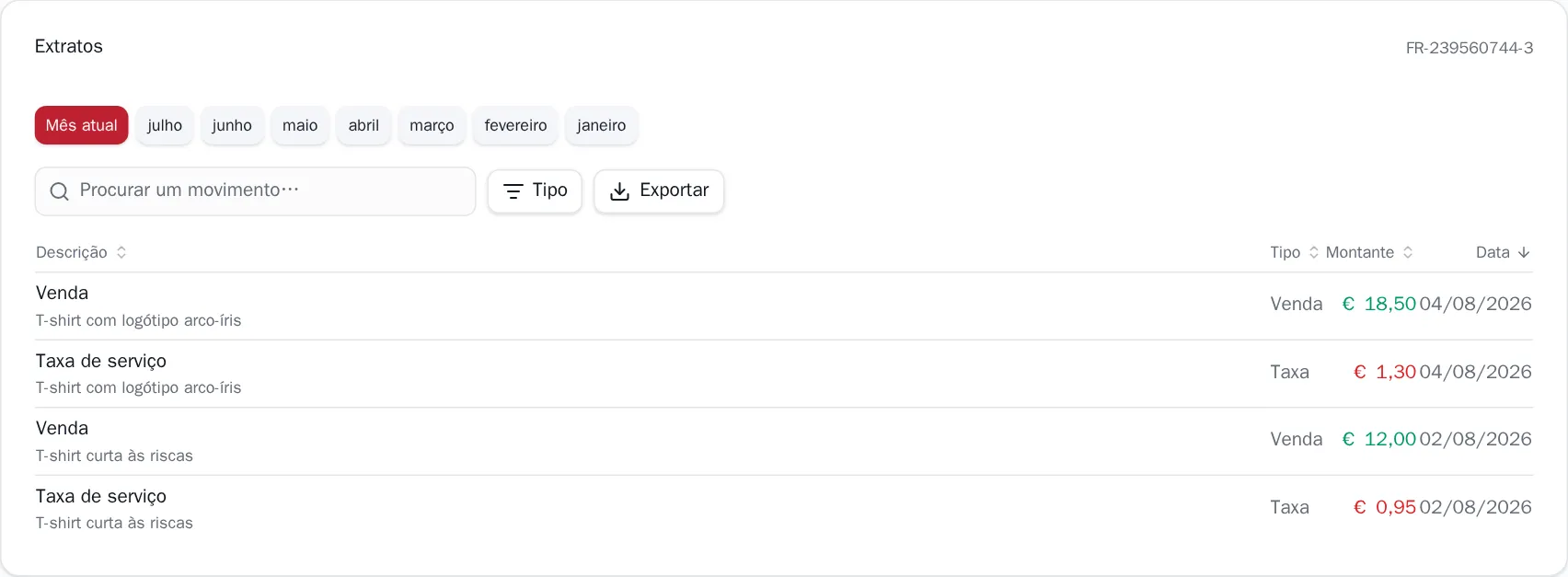O cartão dos extratos com a pesquisa, o filtro Tipo e o botão Exportar