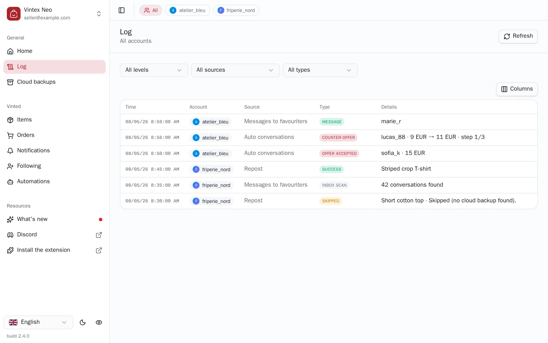 Vintex activity log, actions and automation cycles interleaved