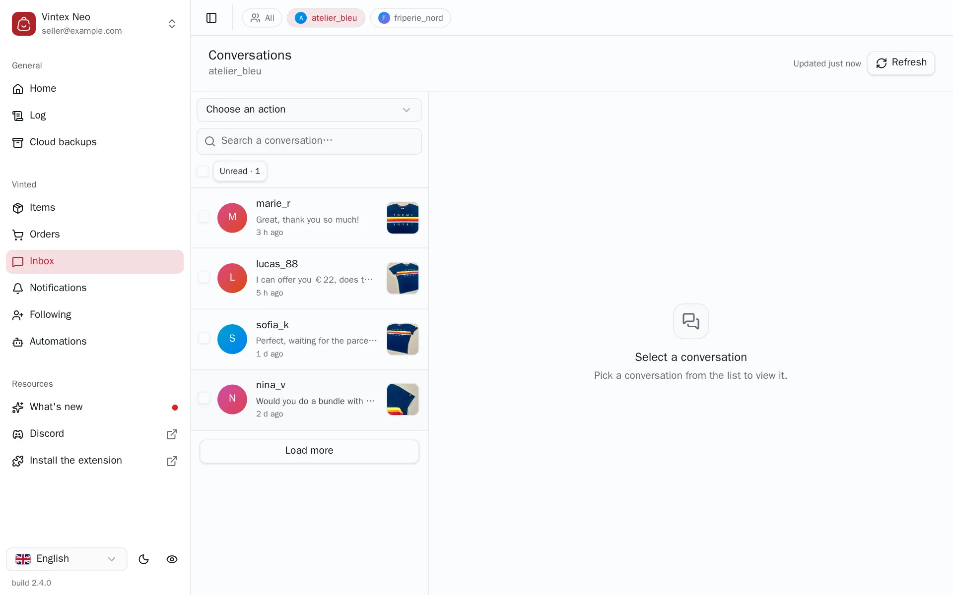 Conversation list with search, the unread filter and the Load more button