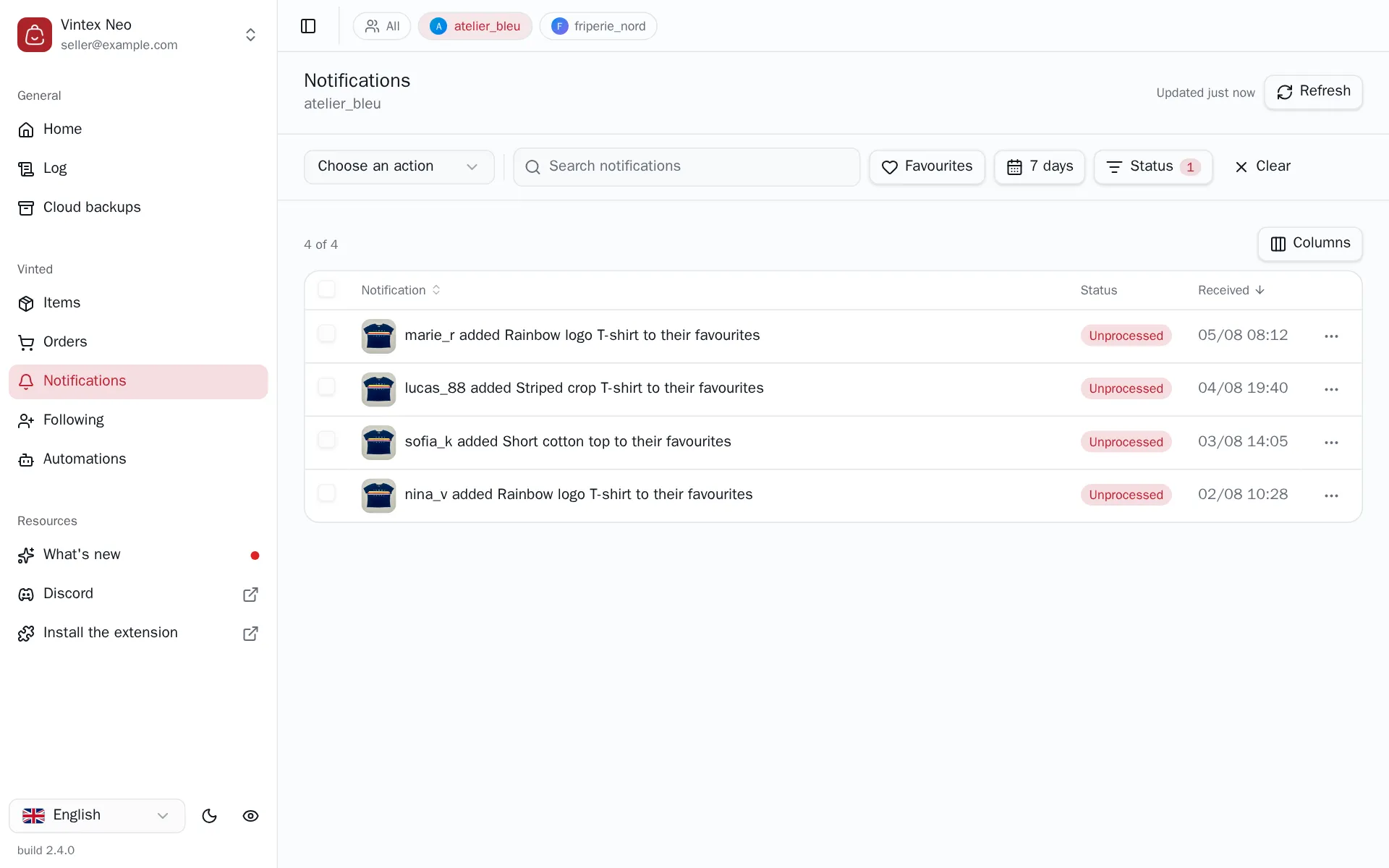 List of incoming favourites with their processing status