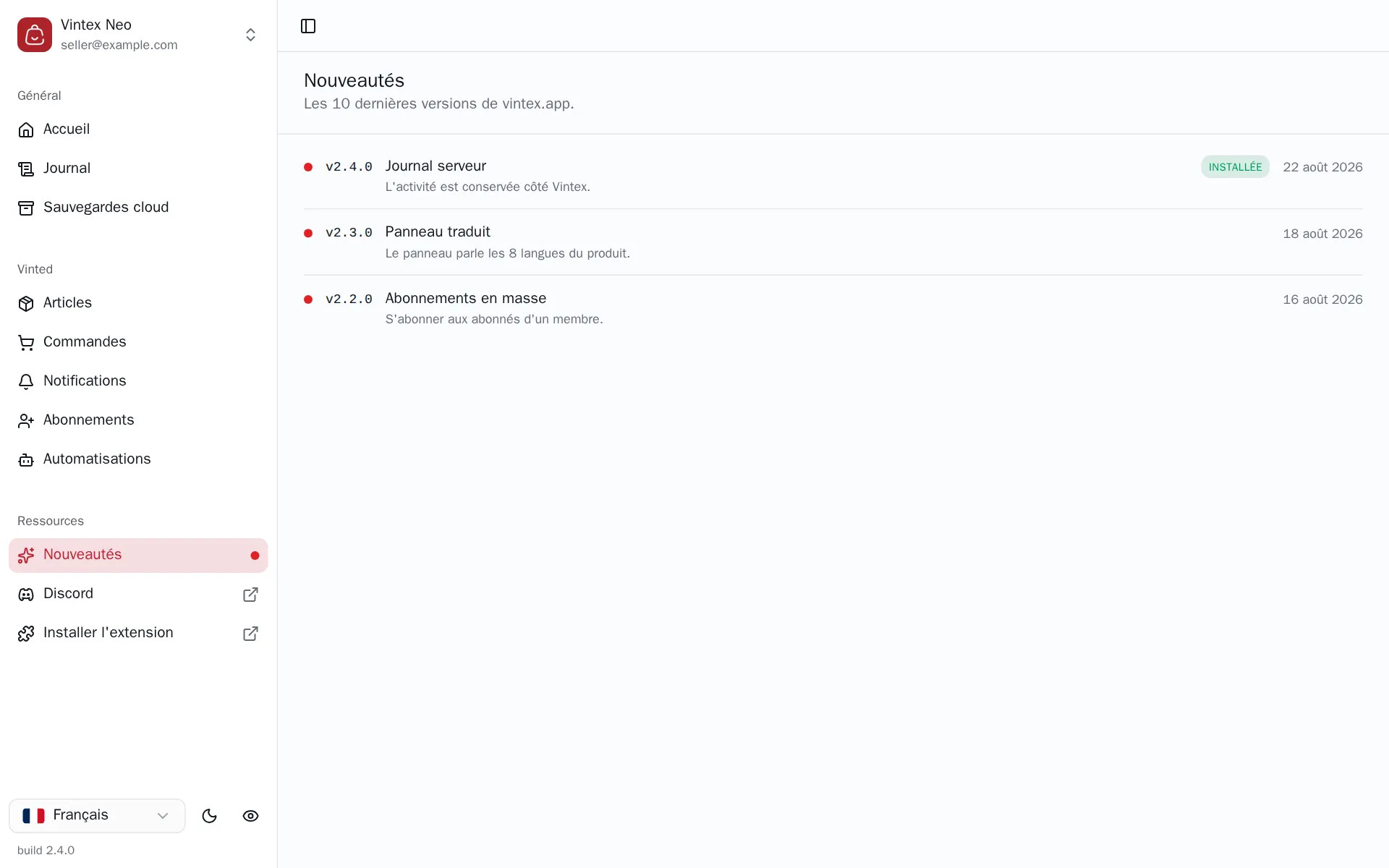 Onglet Nouveautés listant les versions publiées de l'extension