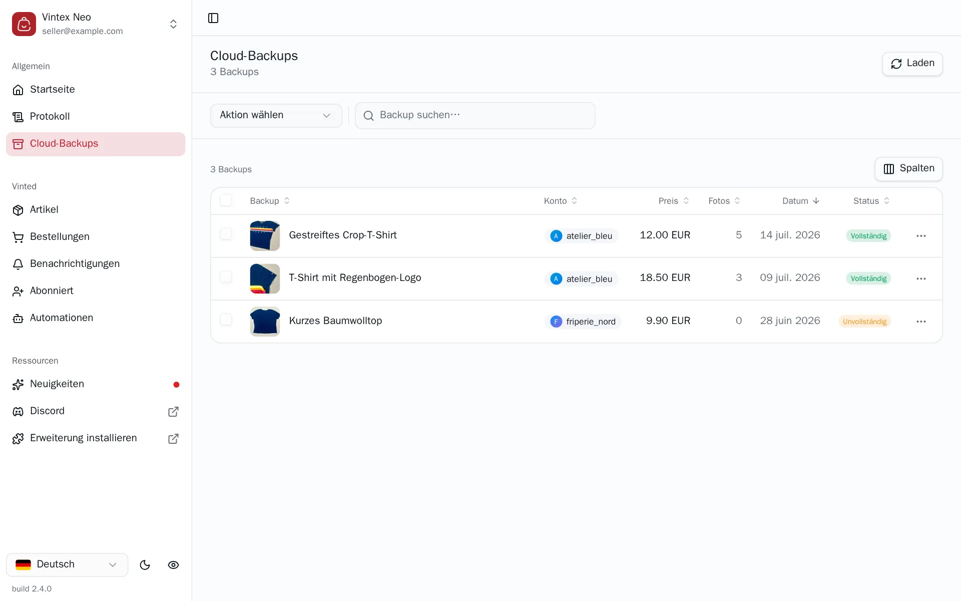 Liste der Cloud-Backups mit Konto, Preis und Status