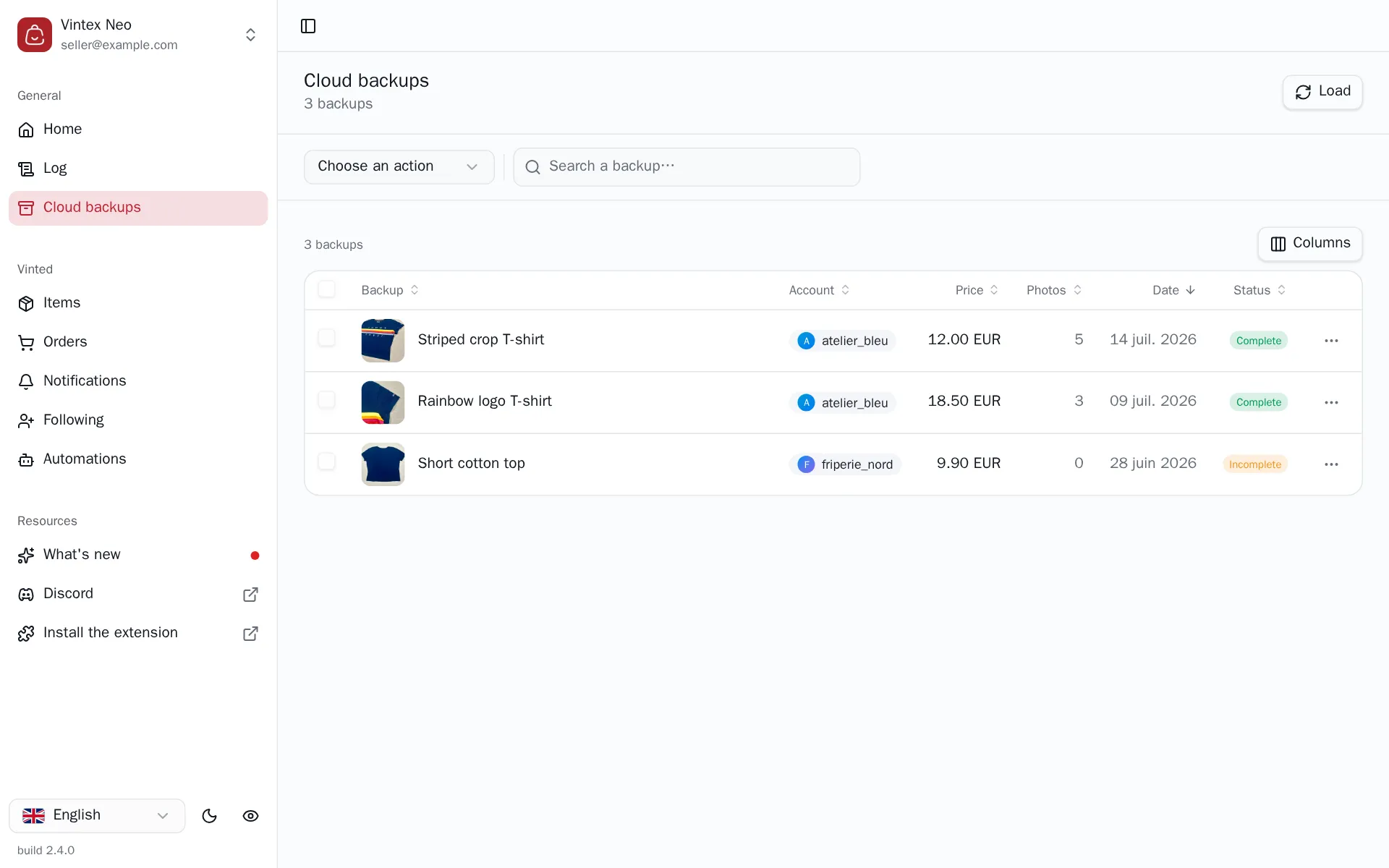 Cloud backups list with account, price and status