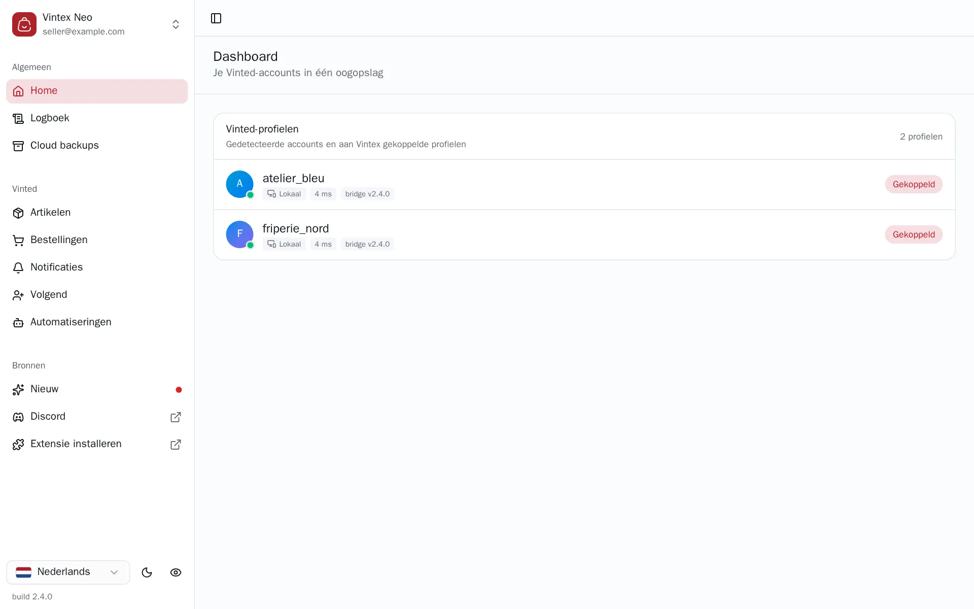 Startpagina van het Vintex-dashboard met twee Vinted-profielen