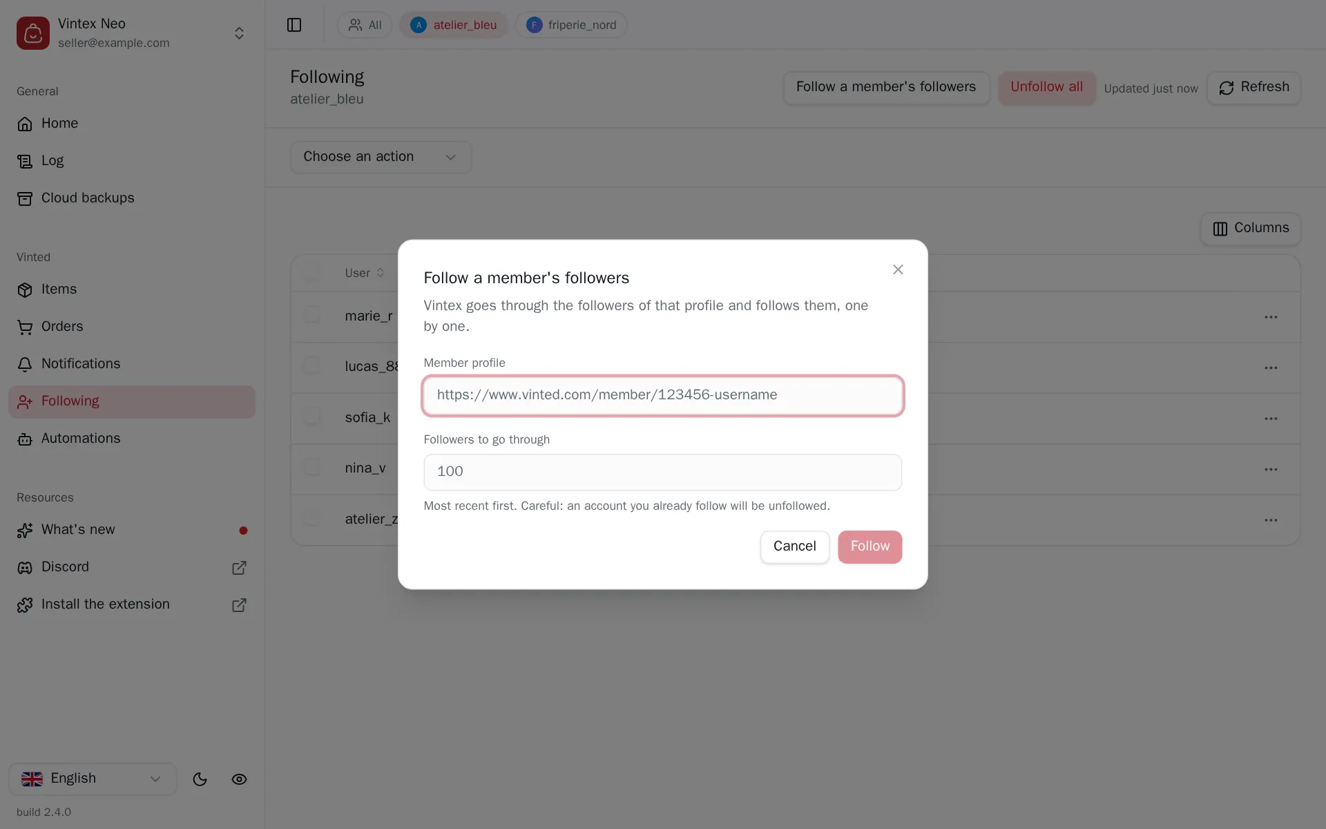 “Follow a member's followers” dialog