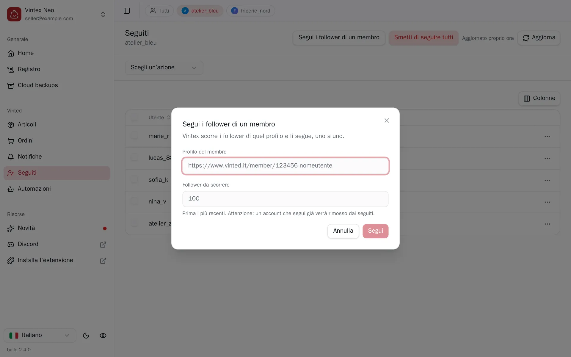 Dialogo « Segui i follower di un membro »