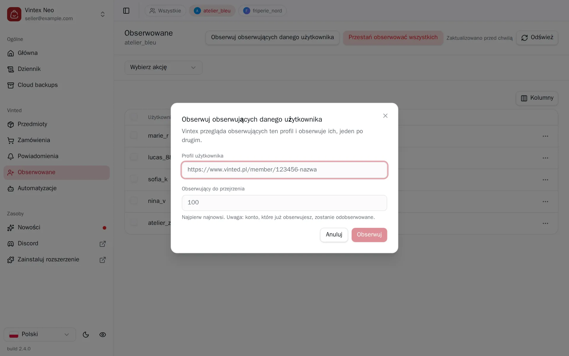 Okno „Obserwuj obserwujących danego użytkownika”