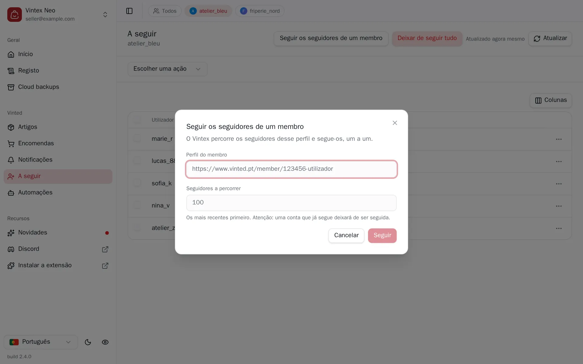 Diálogo «Seguir os seguidores de um membro»