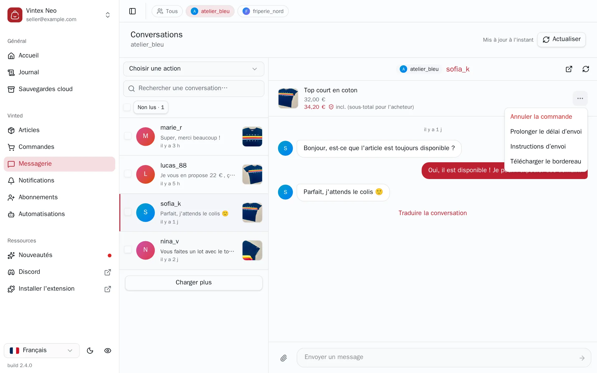 Le menu de la carte article ouvert, montrant Annuler la commande, Prolonger le délai d'envoi, Instructions d'envoi et Télécharger le bordereau