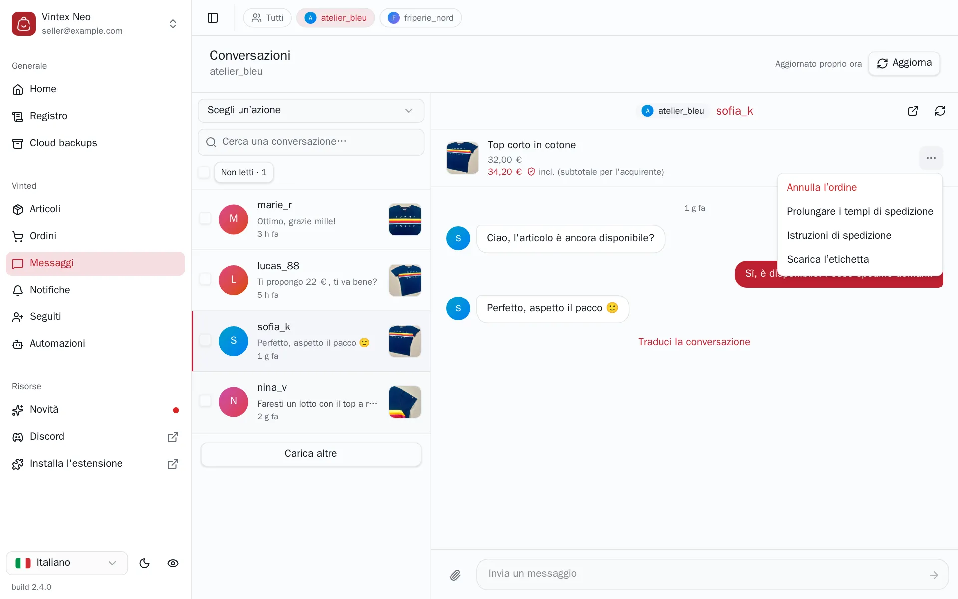 Il menu della scheda articolo aperto, con Annulla l'ordine, Prolungare i tempi di spedizione, Istruzioni di spedizione e Scarica l'etichetta