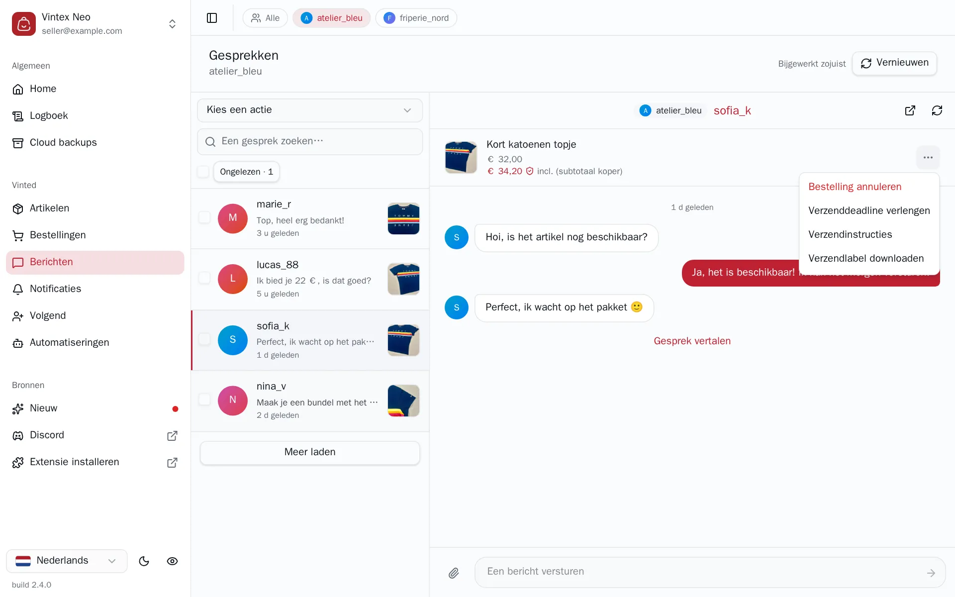 Het geopende menu van de artikelkaart, met Bestelling annuleren, Verzenddeadline verlengen, Verzendinstructies en Verzendlabel downloaden
