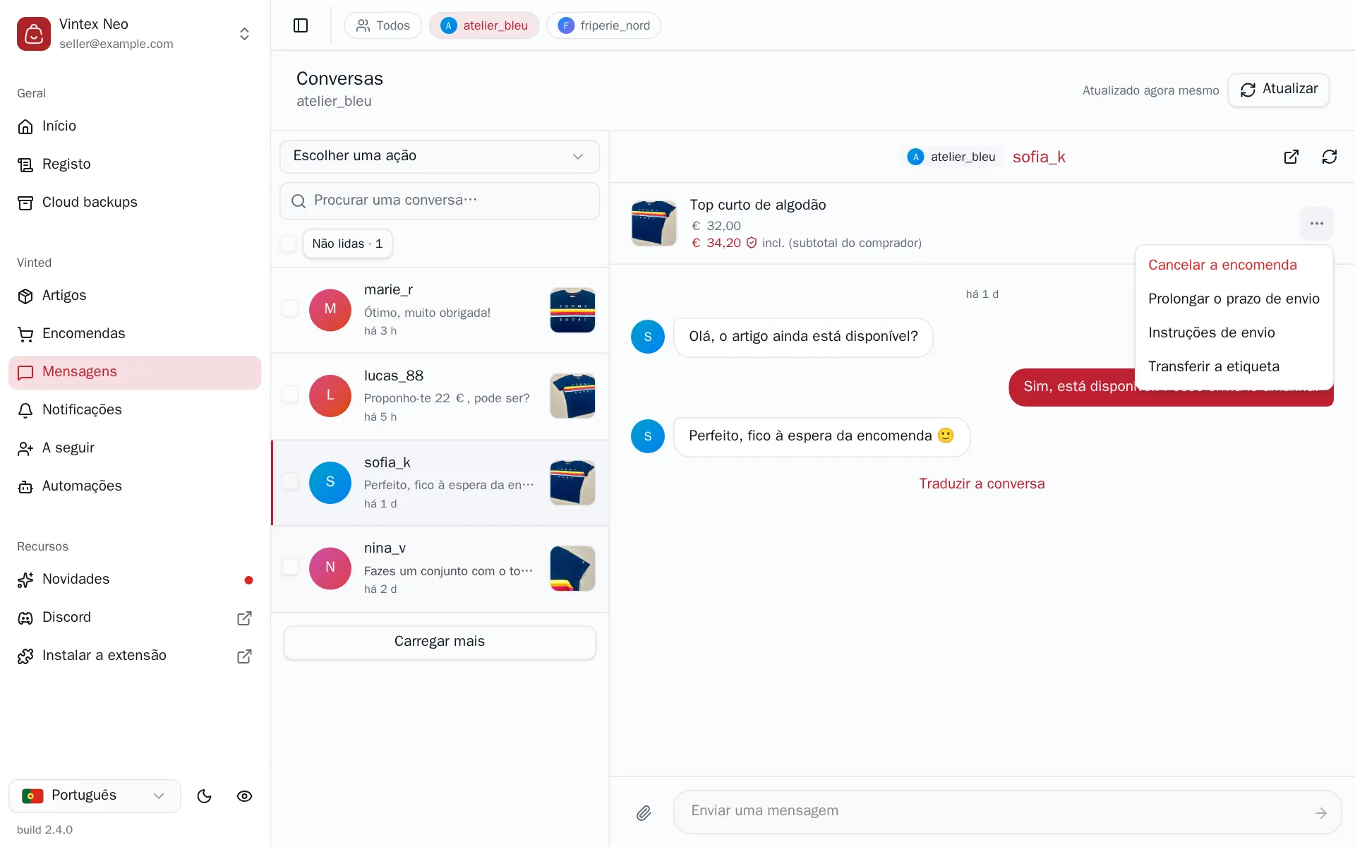 O menu do cartão do artigo aberto, mostrando Cancelar a encomenda, Prolongar o prazo de envio, Instruções de envio e Transferir a etiqueta