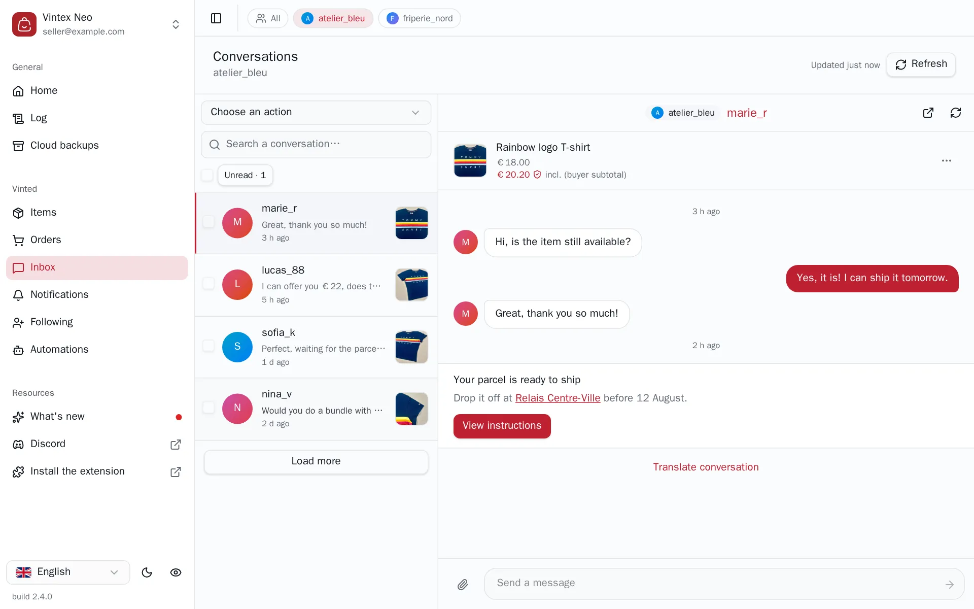 An open thread: item card, messages, a Vinted banner with its button, and the message box
