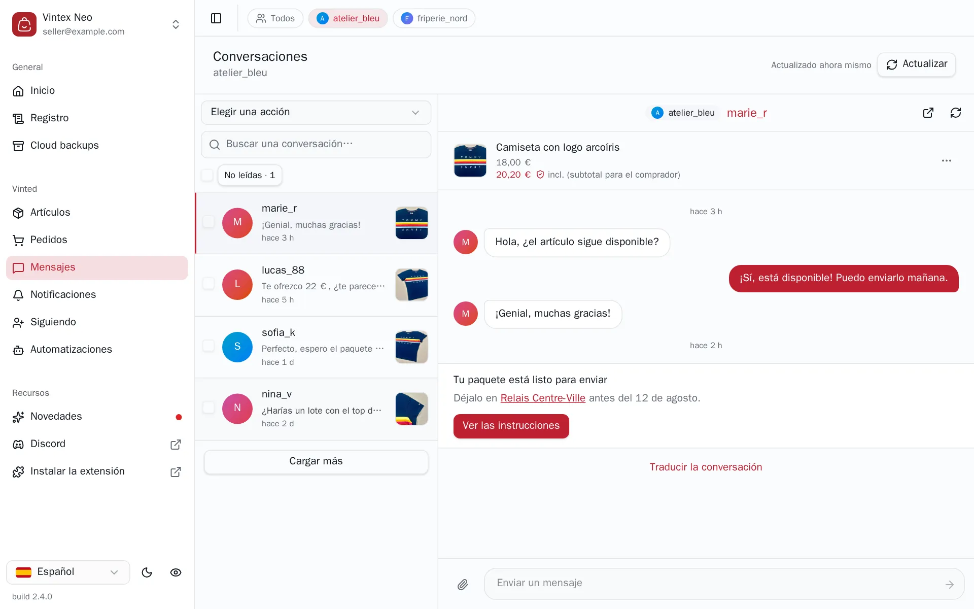 Una conversación abierta: tarjeta del artículo, mensajes, un aviso de Vinted con su botón, y el campo de mensaje