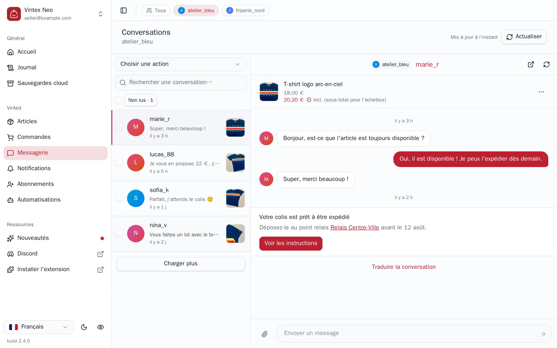 Un fil ouvert : carte article, messages, un bandeau Vinted avec son bouton, et la zone de saisie