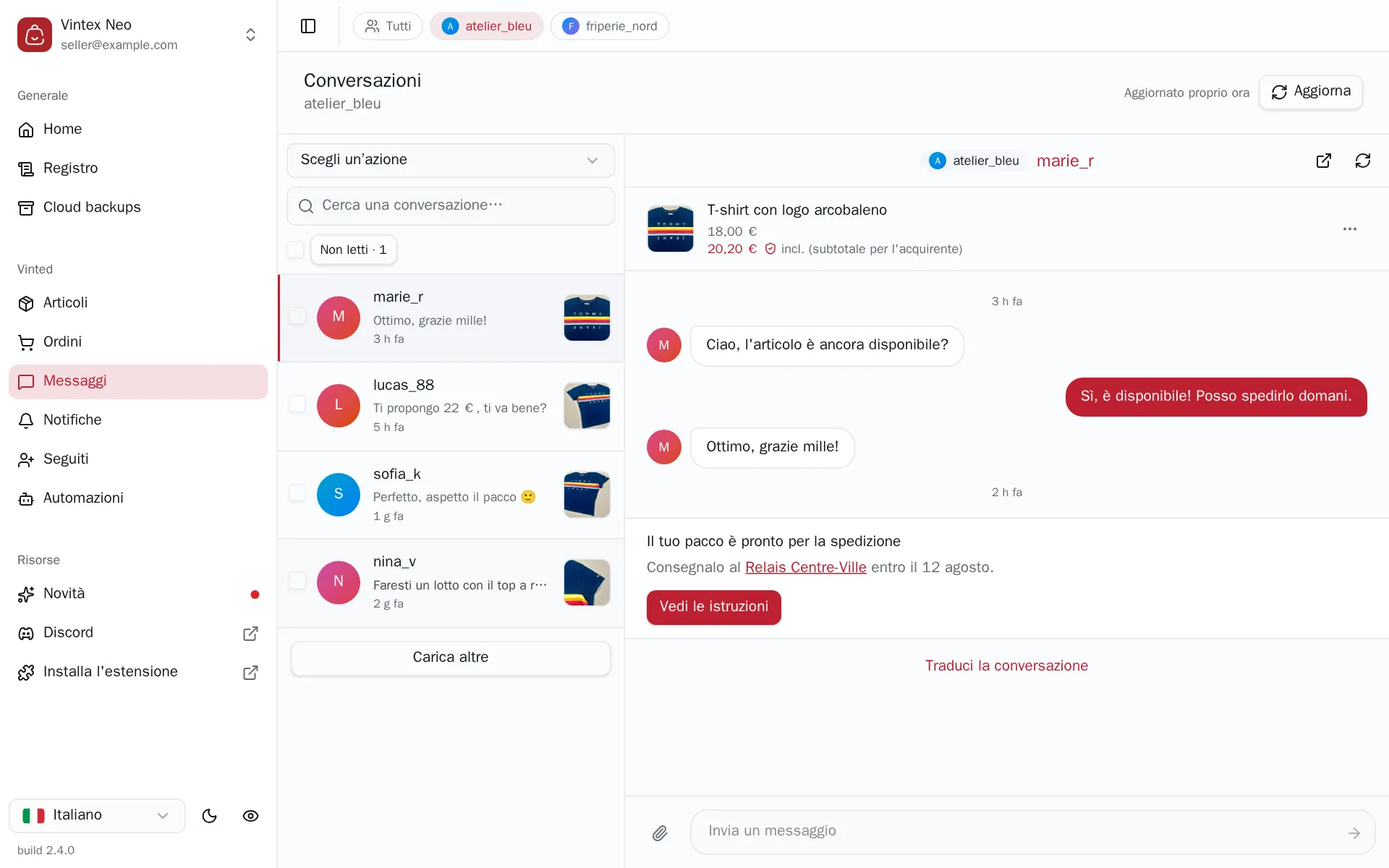 Un thread aperto: scheda dell'articolo, messaggi, un banner Vinted con il suo pulsante, e la casella dei messaggi