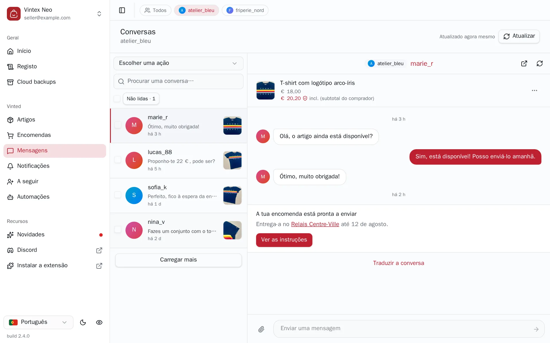 Um fio aberto: cartão do artigo, mensagens, um aviso do Vinted com o seu botão, e a caixa de mensagem
