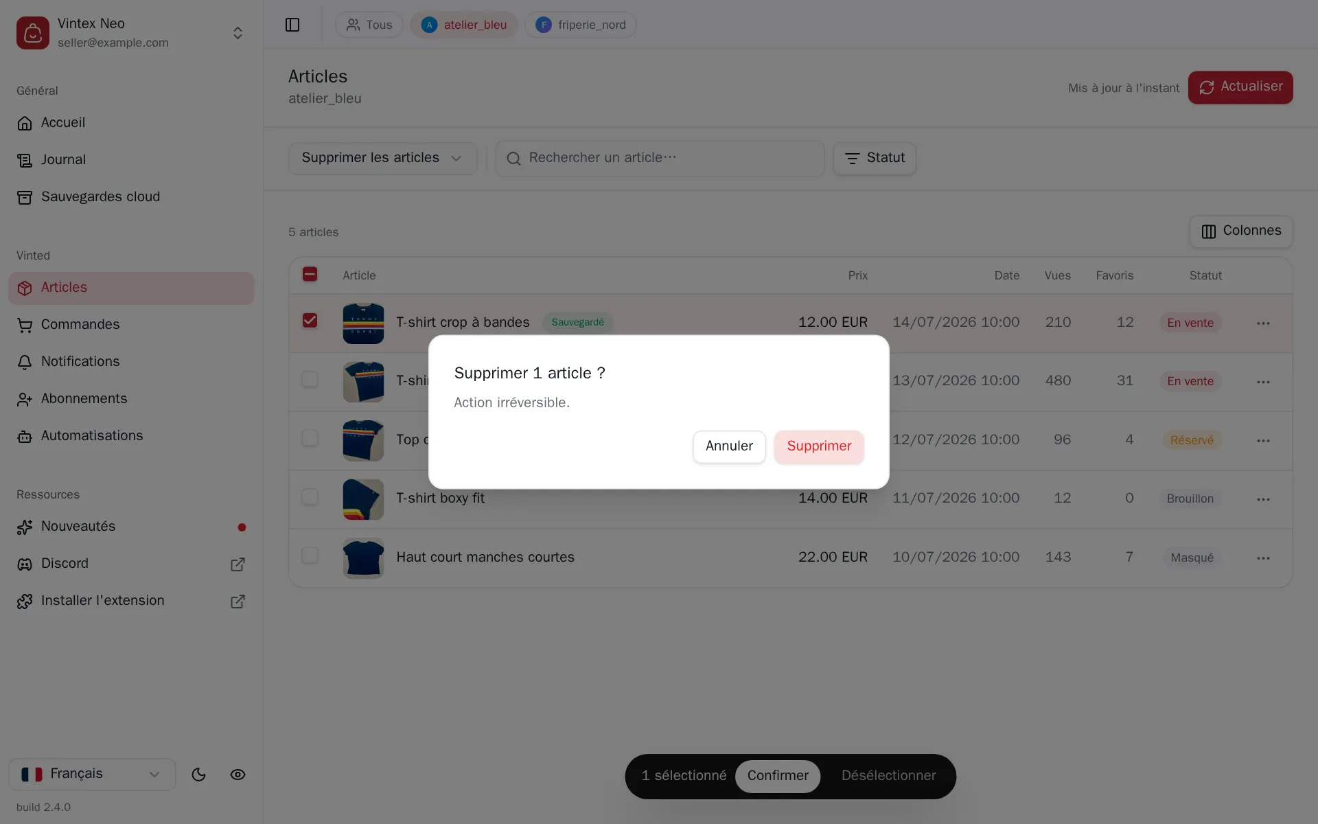 Confirmation de suppression d'articles