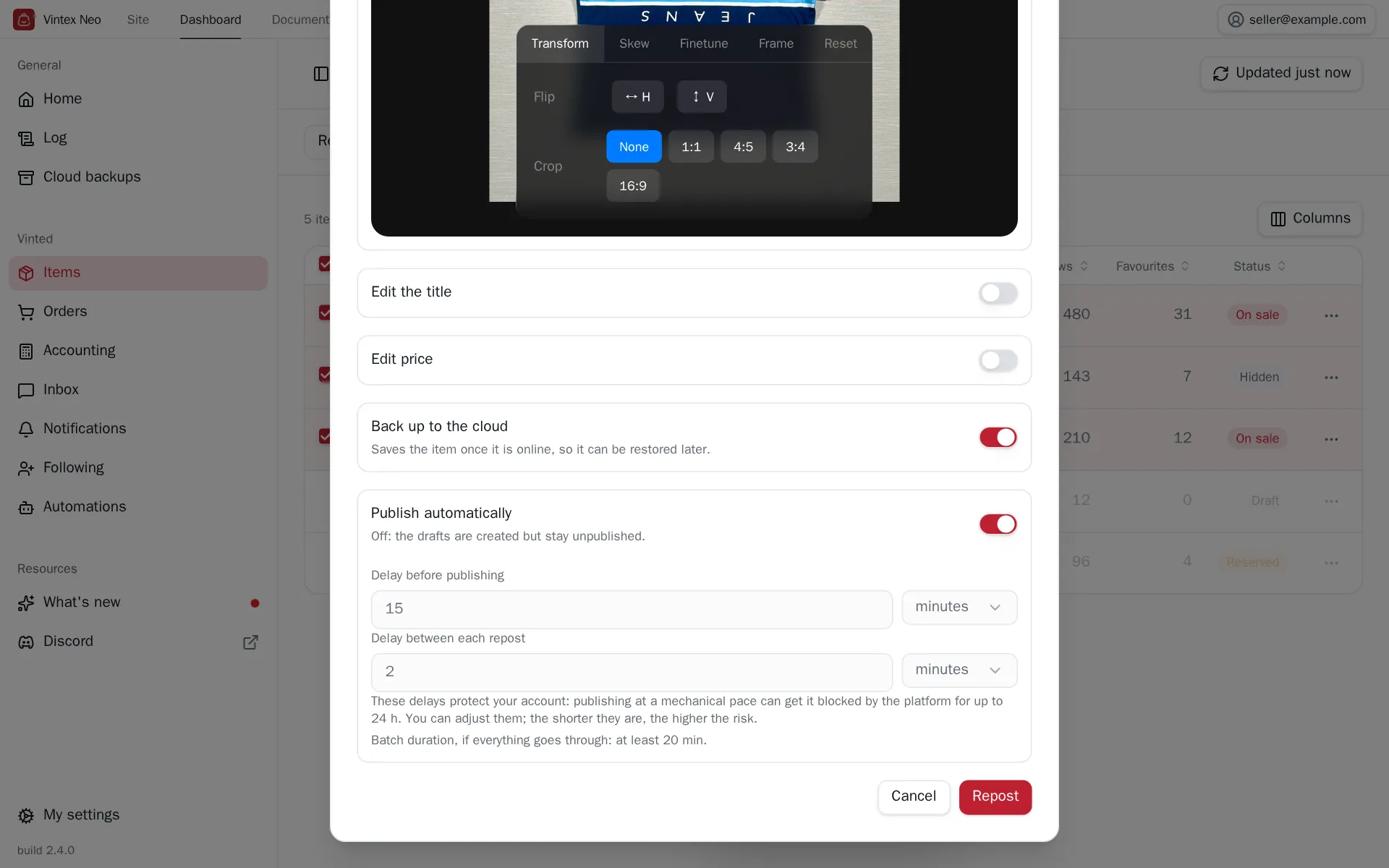 Delay fields at the bottom of the relist dialog
