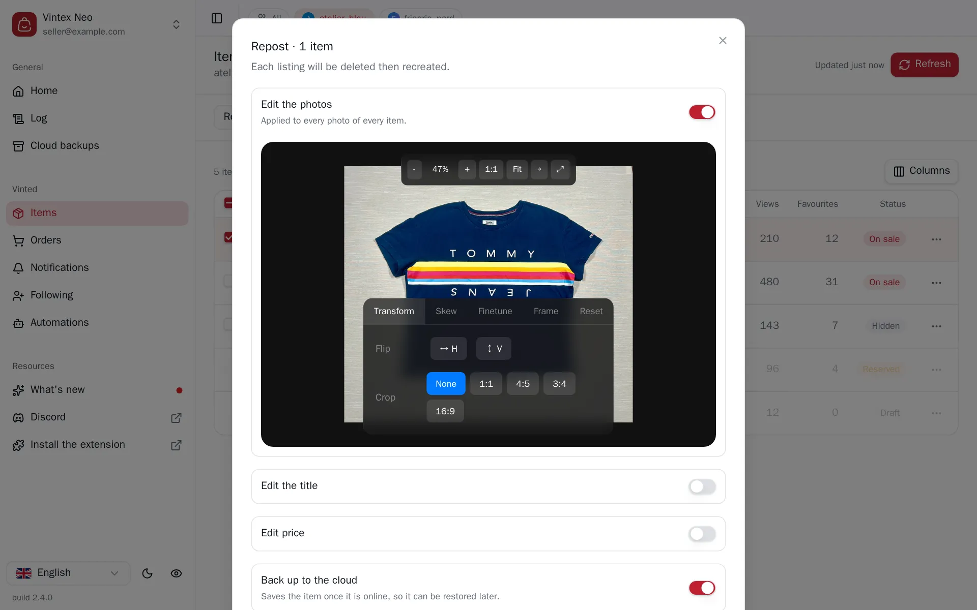 Relist dialog with its options