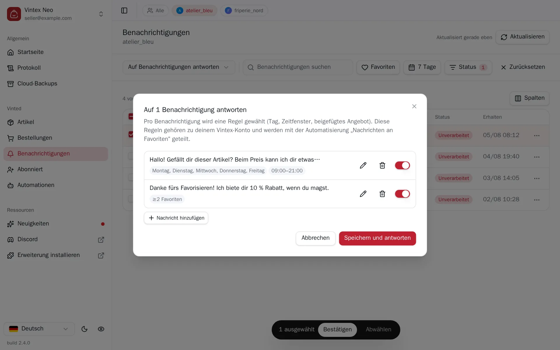 Dialog zum Antworten auf Favoriten